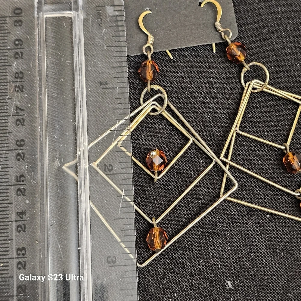 Geometric Gold Tone Earrings with Amber Accents